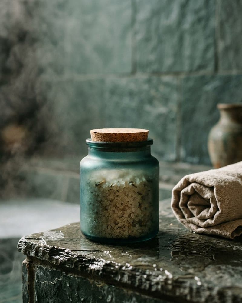 Kelp ad, a fictional bath brand: a green glass jar of salts on dark stone
