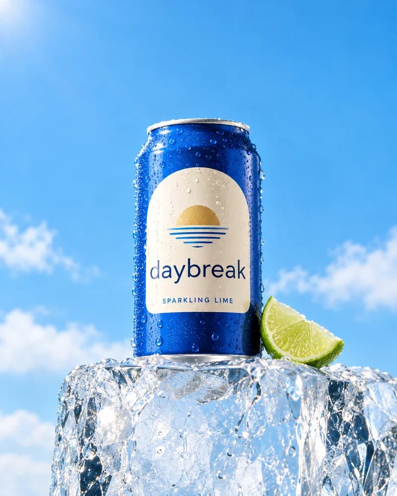 Daybreak ad, a fictional brand: a blue can on ice with a lime, blue sky behind