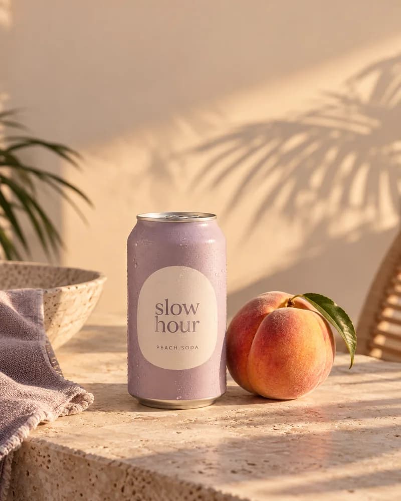 Slow Hour ad, a fictional brand: a lilac can beside a peach in soft light