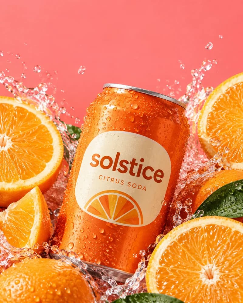 Solstice ad, a fictional brand: an orange soda can surrounded by orange slices and a splash