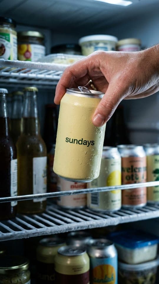 Sundays draft: a hand taking the can from a full fridge, headline “Your weekend drink. No alcohol.”