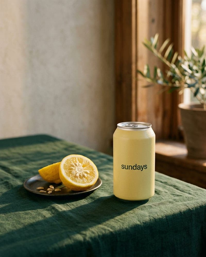 Sundays draft: the can on a green tablecloth by a window, headline “Your weekend drink. No alcohol.”