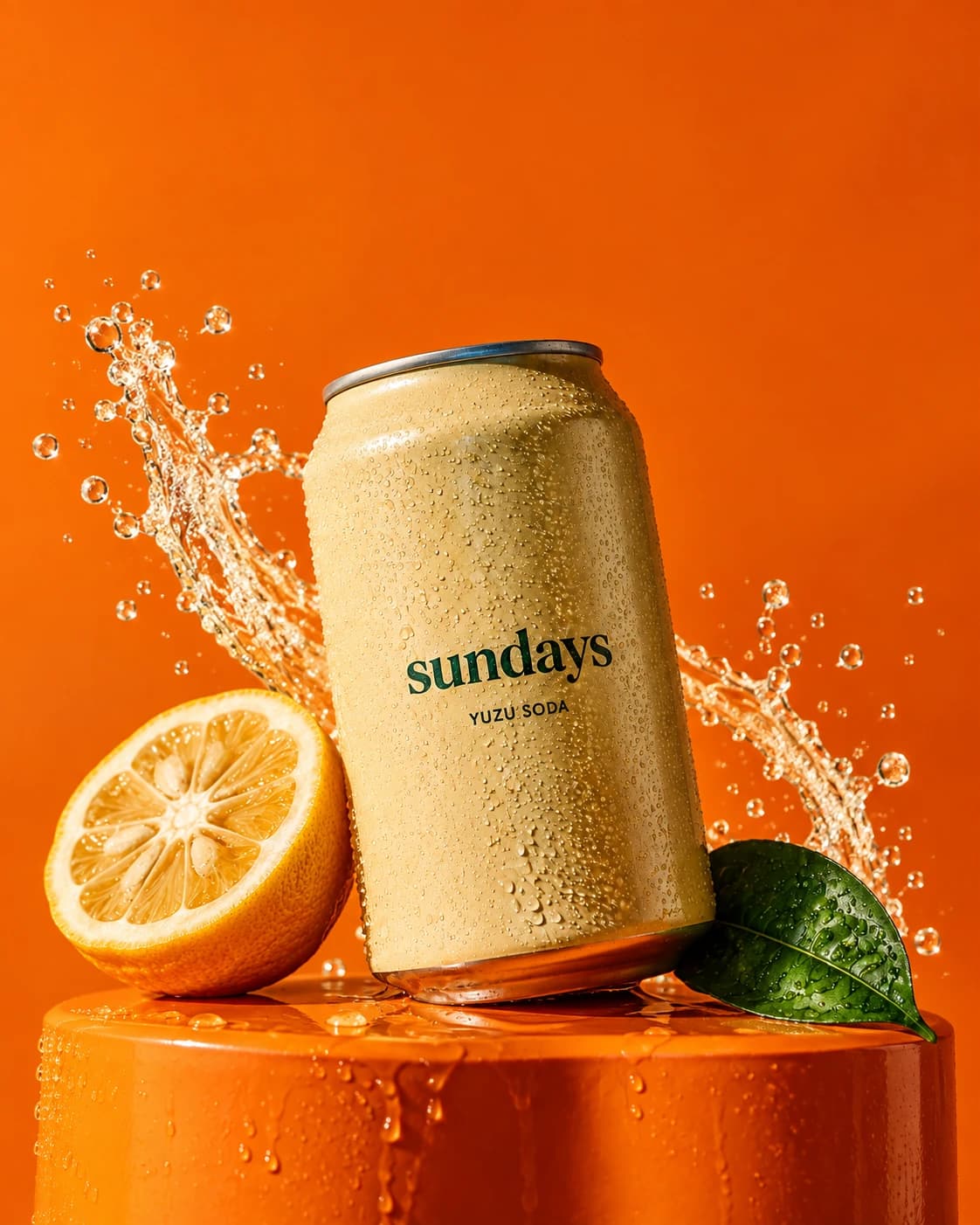 Sundays ad: the yuzu soda can with half an orange and a splash, headline “Sundays, slow and sunny.”