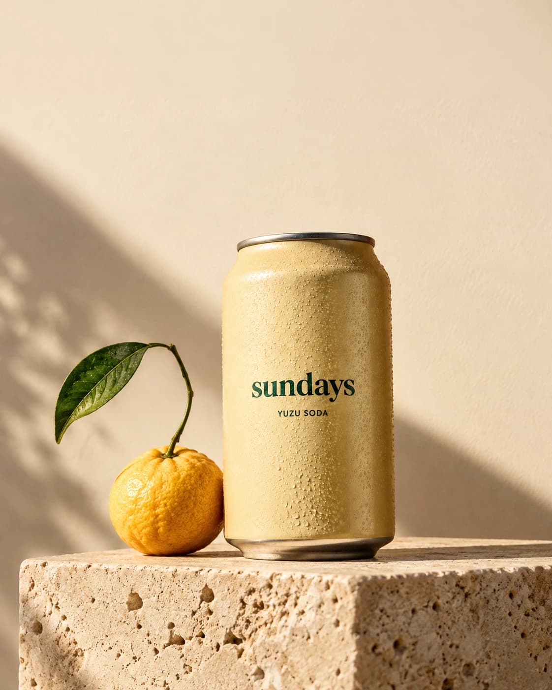 Sundays draft: the can on a stone block beside a yuzu in warm light, headline “Real yuzu, lightly sweet.”