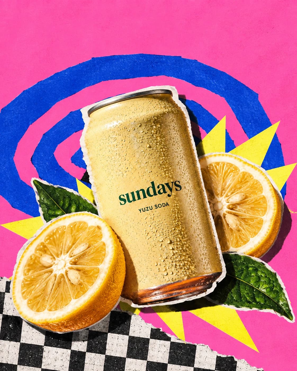 Sundays draft: a paper collage of the can with lemons on pink and blue, headline “Real yuzu, lightly sweet.”